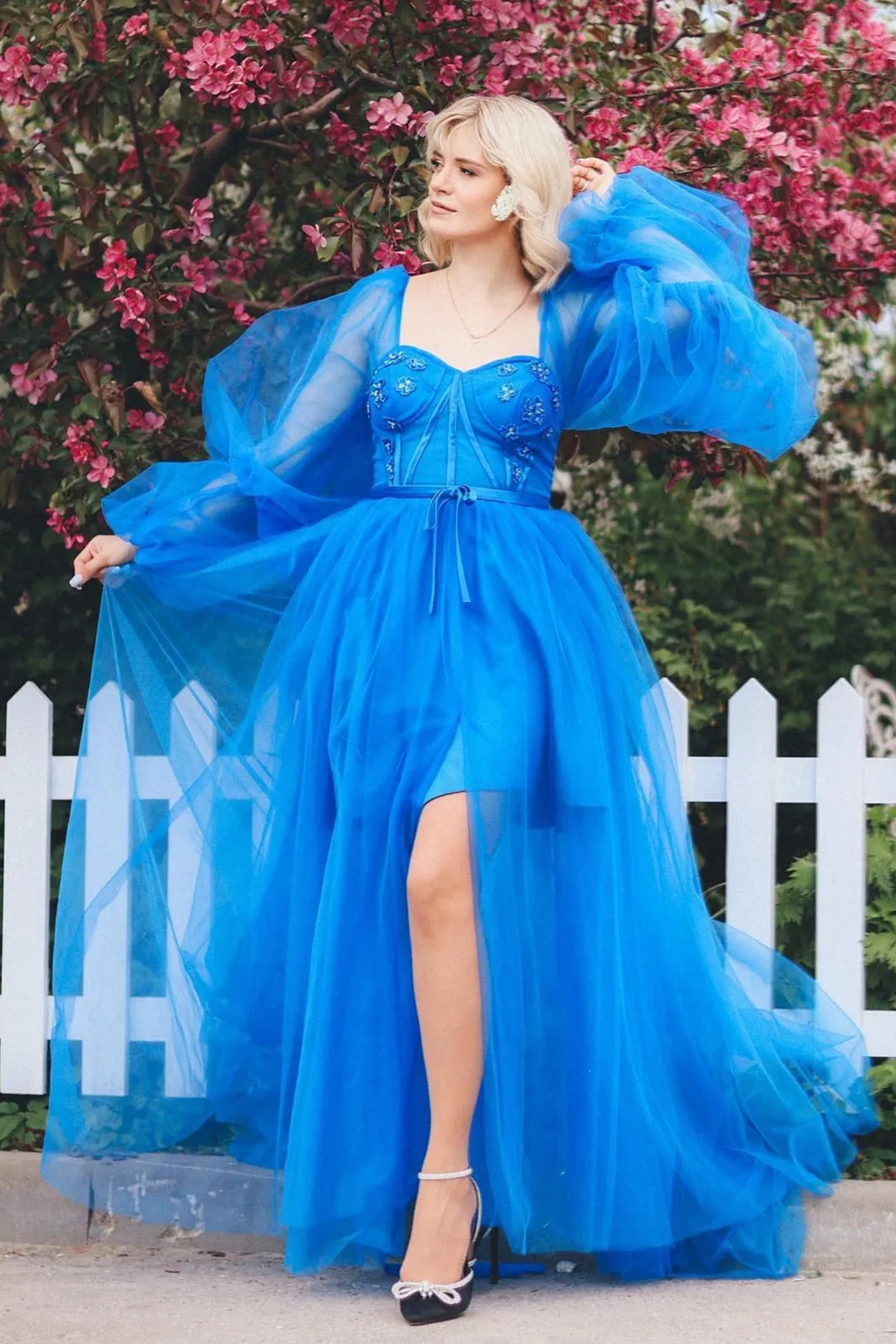 Adelynn |A line Long Sleeves Satin Tulle Prom Dress with Slit