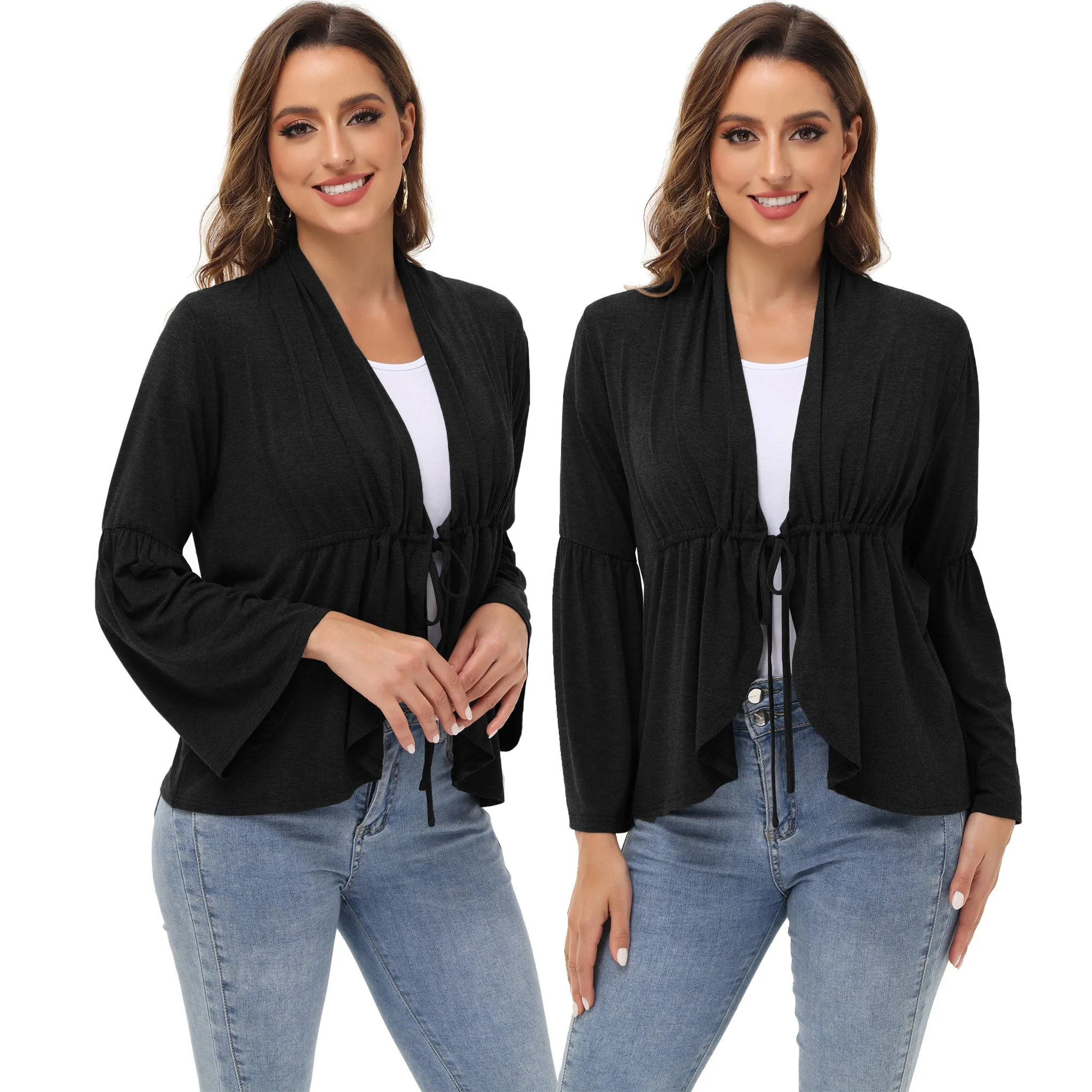 Anna-Kaci Women's Casual Lightweight Open Front Cardigans Soft Draped Ruffles Flare Sleeve Cardigan