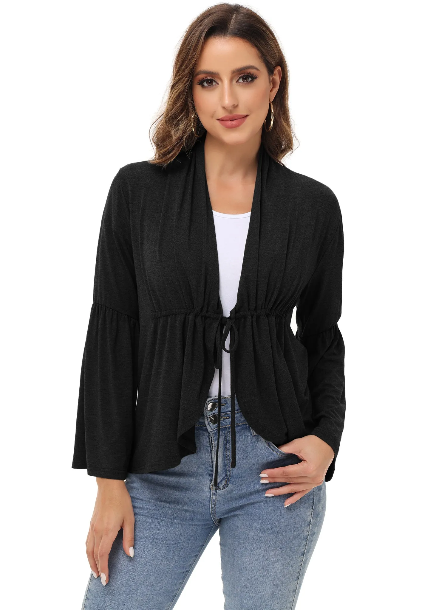 Anna-Kaci Women's Casual Lightweight Open Front Cardigans Soft Draped Ruffles Flare Sleeve Cardigan