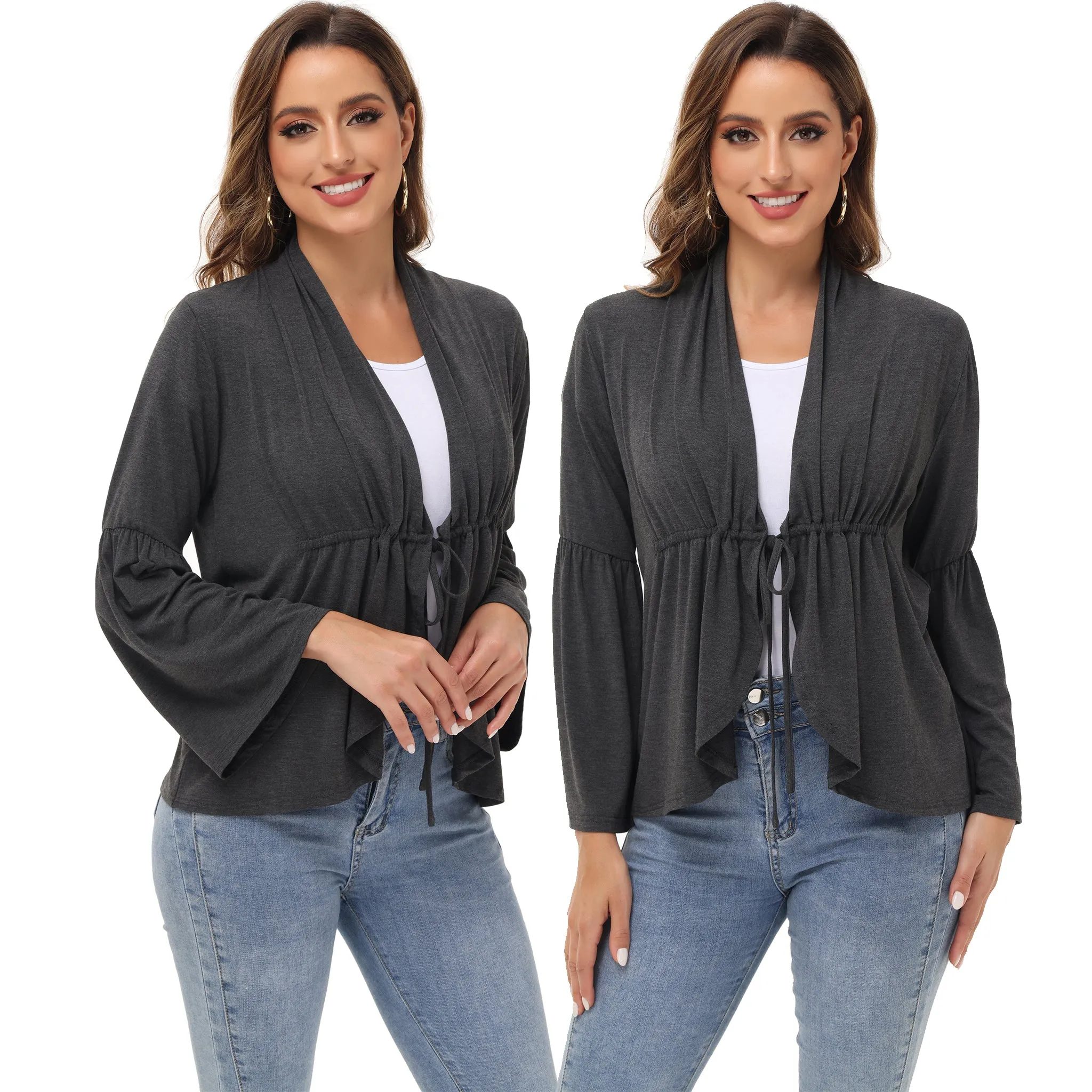 Anna-Kaci Women's Casual Lightweight Open Front Cardigans Soft Draped Ruffles Flare Sleeve Cardigan