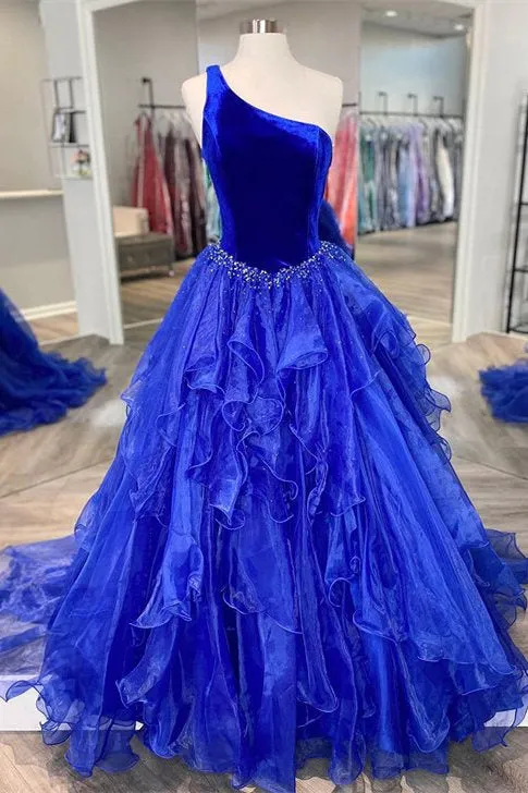 Belinda | Ruffle One Shoulder Royal Blue Velvet Top Long Formal Dress