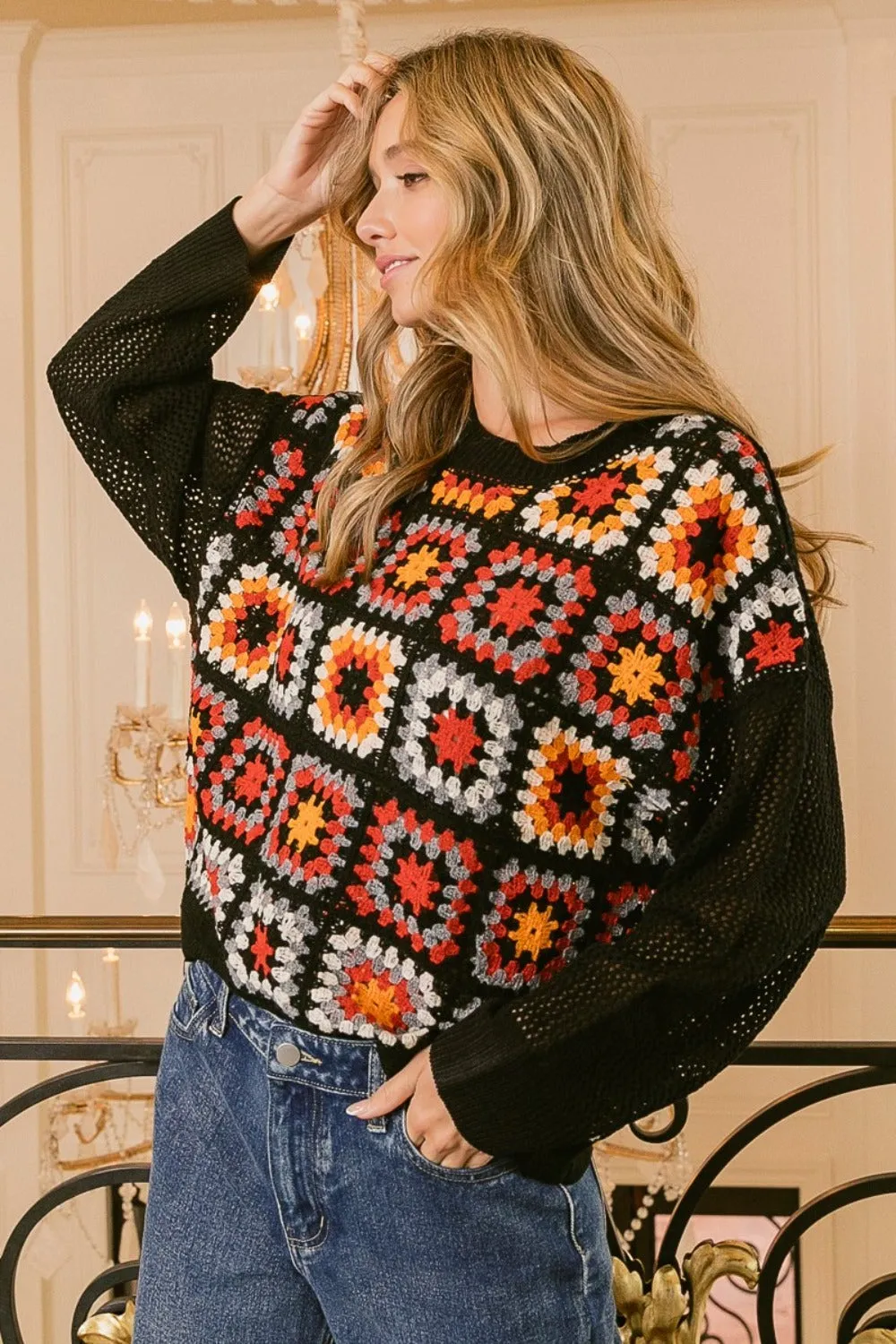 BiBi Granny Square Front Long Sleeve Top