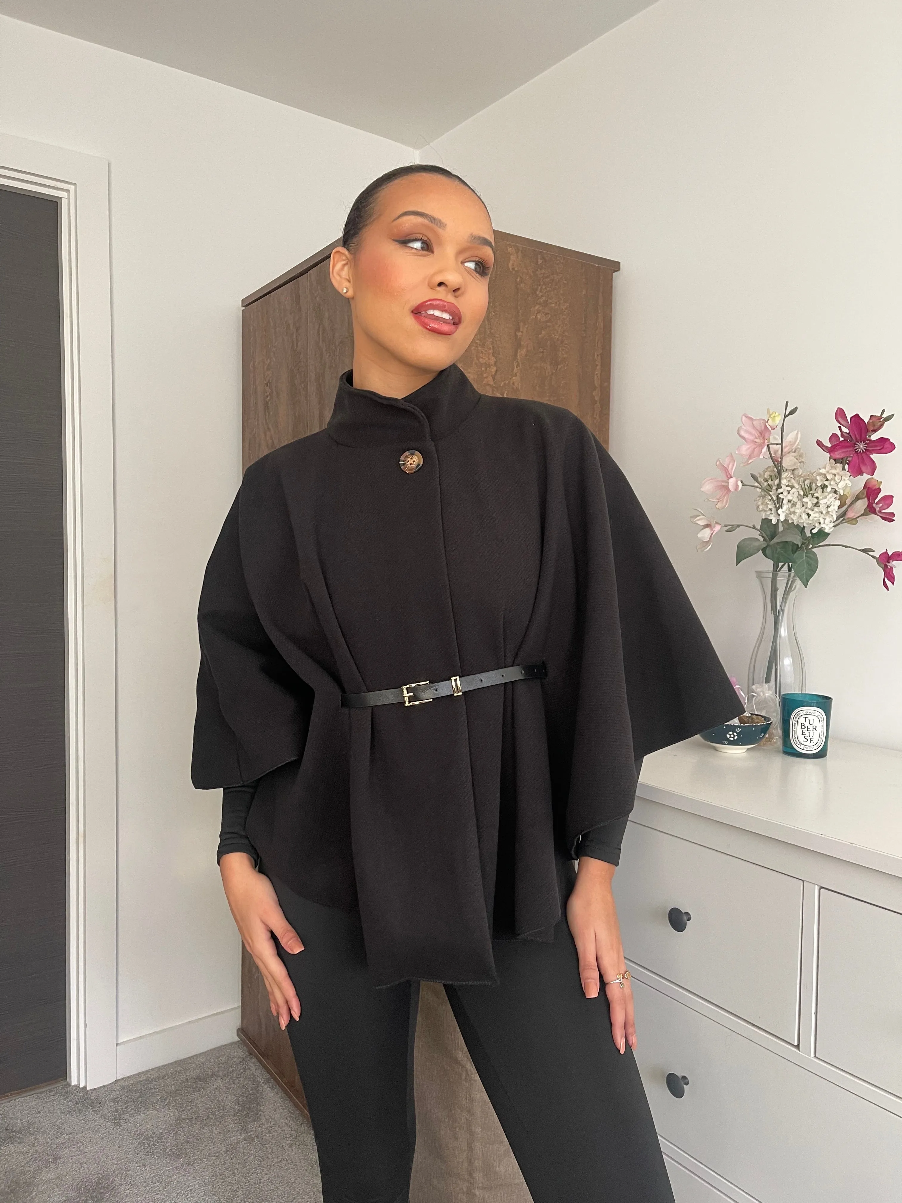 BLACK BELTED CAPE COAT