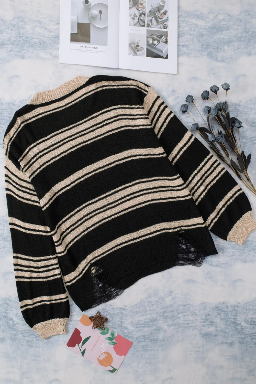 Black Striped Crew Neck Knit Sweater