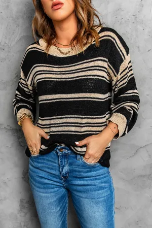 Black Striped Crew Neck Knit Sweater