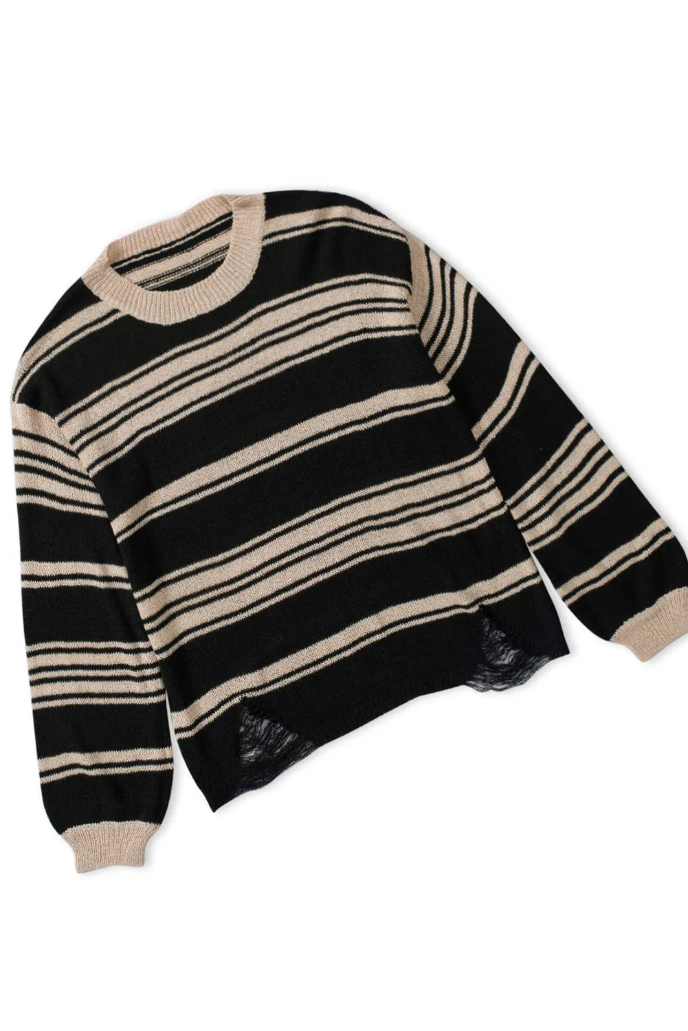 Black Striped Crew Neck Knit Sweater