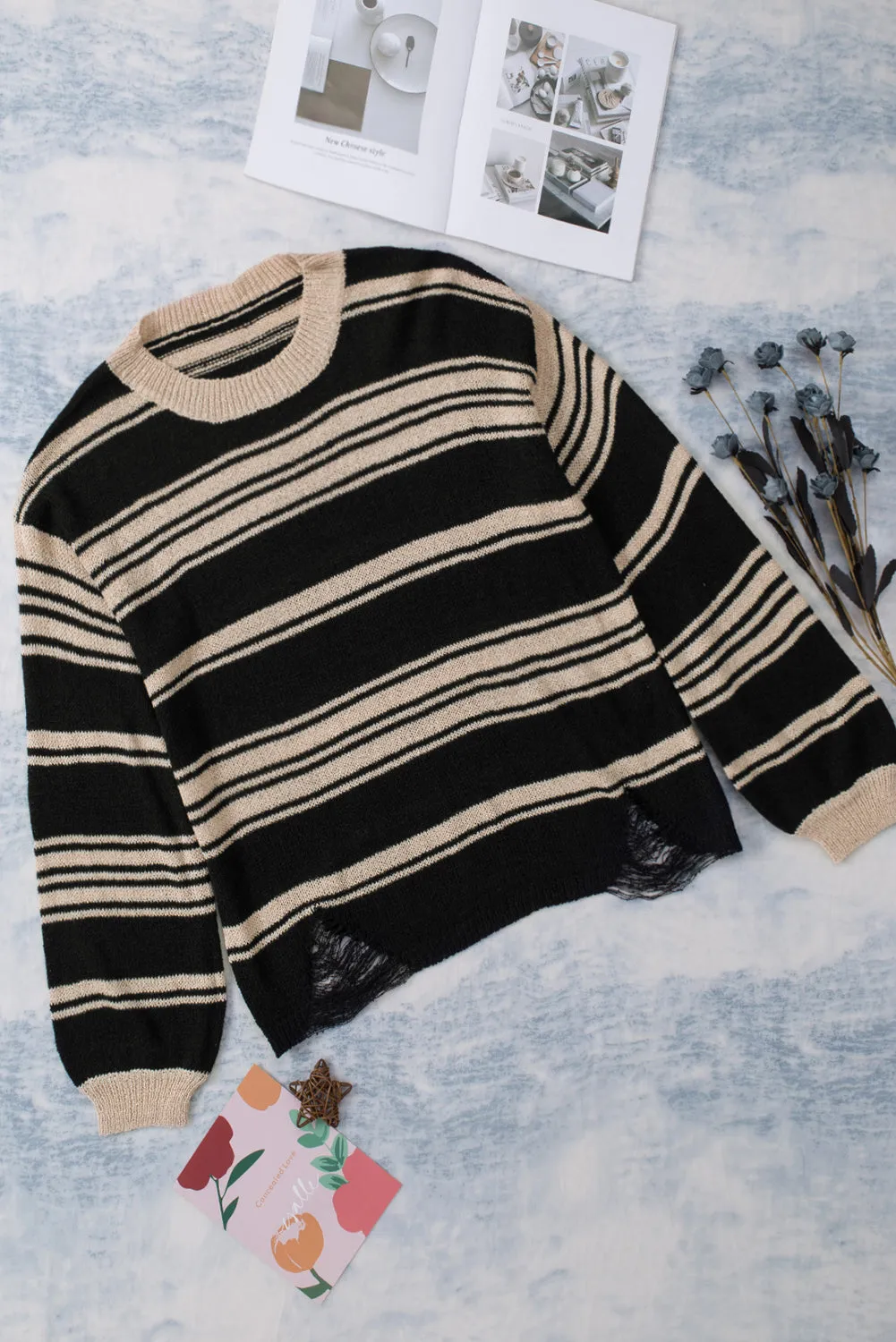 Black Striped Crew Neck Knit Sweater