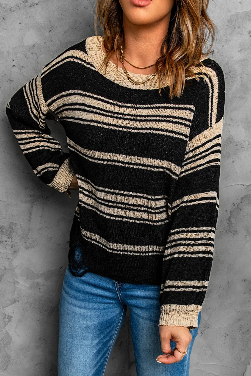 Black Striped Crew Neck Knit Sweater