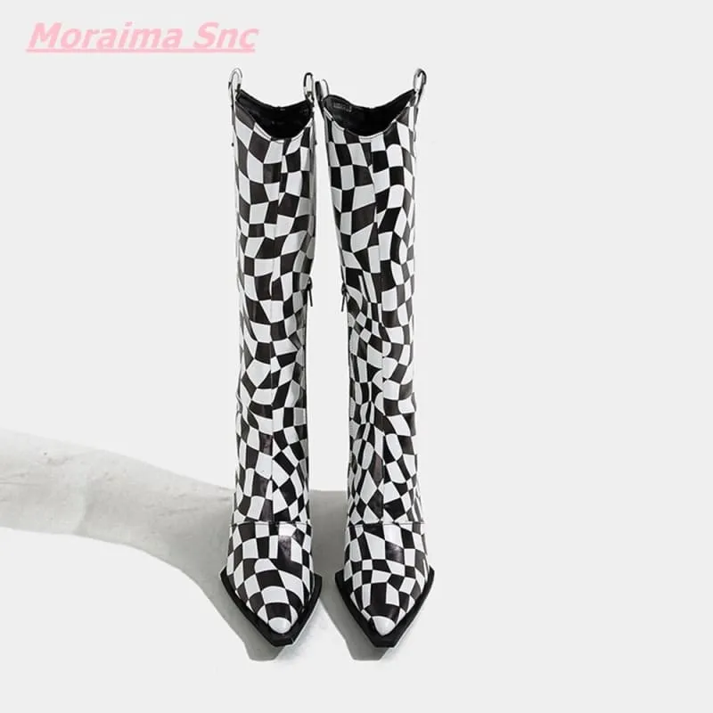 Black White Checkerboard Pointed Women's Boots with Square Heel