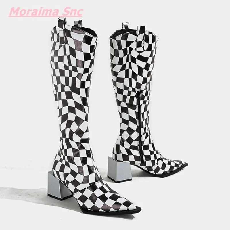 Black White Checkerboard Pointed Women's Boots with Square Heel