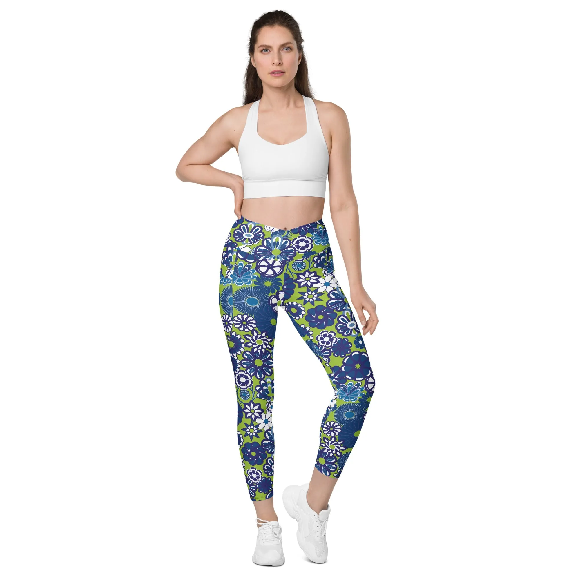 Blue Flowers on Lime Crossover waist leggings with pockets