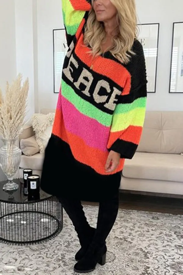 Bohemian Casual Peace Pattern Color Blocks Stripped Midi Sweater Dress