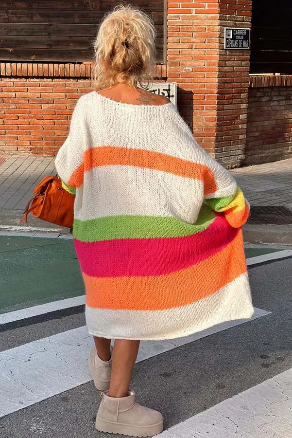 Bohemian Casual Peace Pattern Color Blocks Stripped Midi Sweater Dress