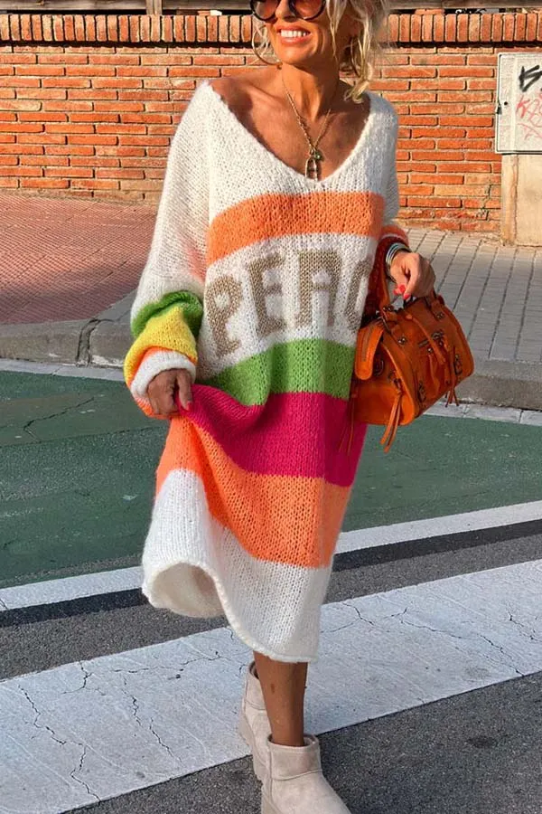 Bohemian Casual Peace Pattern Color Blocks Stripped Midi Sweater Dress