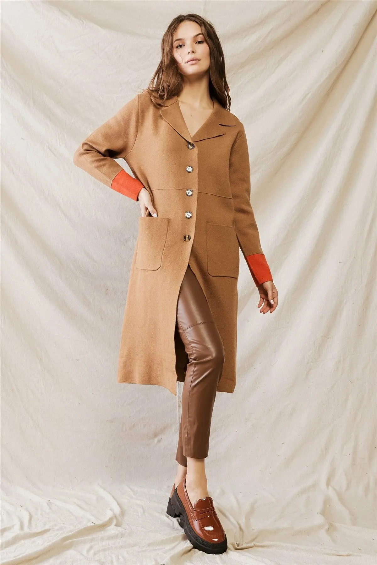 Brown Button Closure Two Pocket Collared Neck Coat /3-2-1