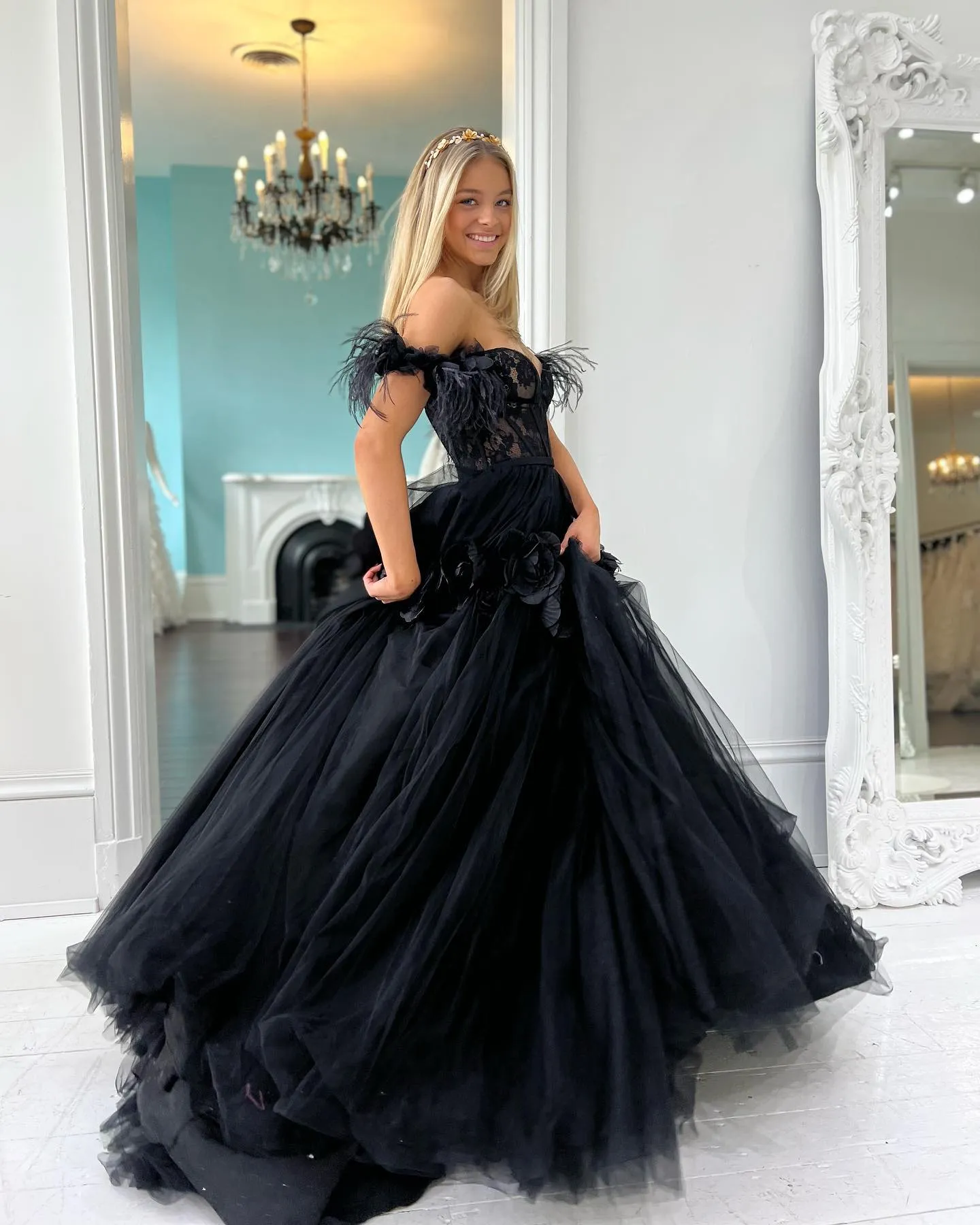 Cali |Princess A-Line Off the Shoulder Lace Tulle Prom Dress