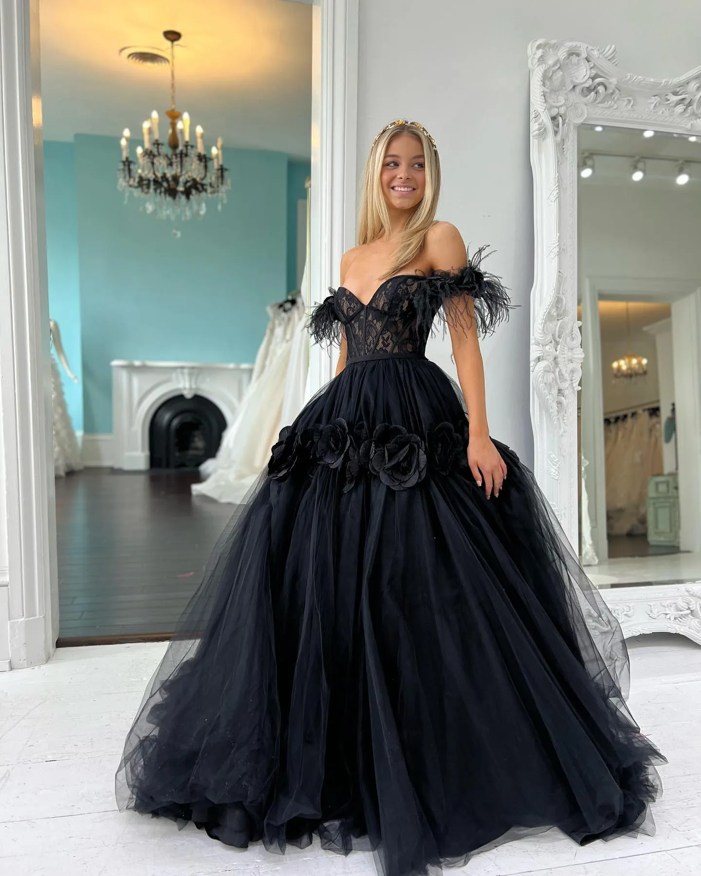 Cali |Princess A-Line Off the Shoulder Lace Tulle Prom Dress