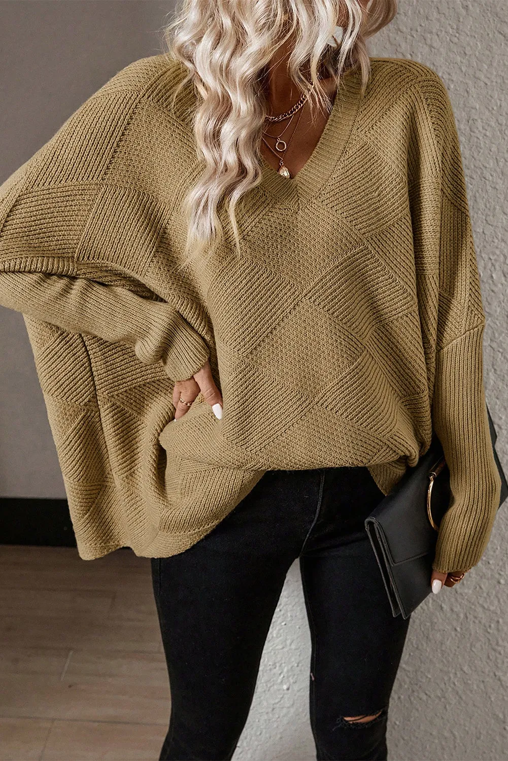 Camel Oversized V-Neck Checkered Batwing Sweater