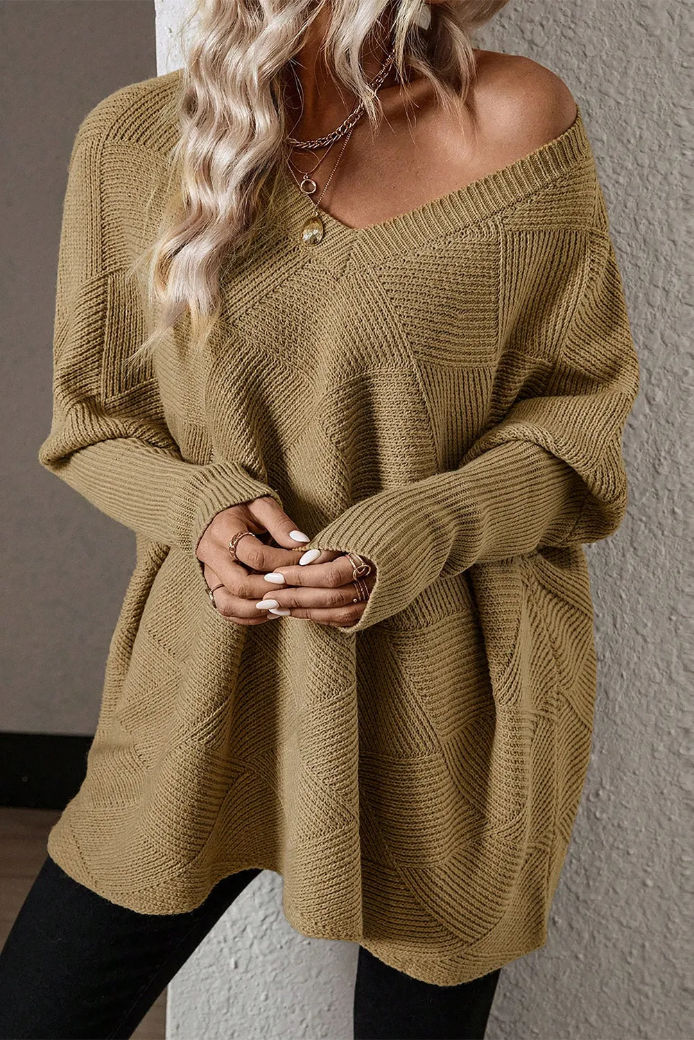 Camel Oversized V-Neck Checkered Batwing Sweater