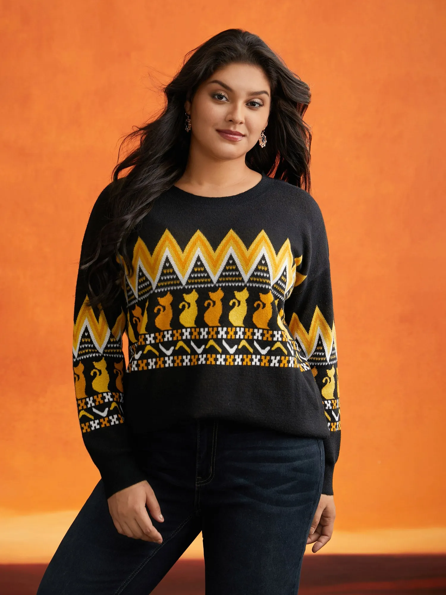 Cat Printed Jacquard Fair Isle Pullover