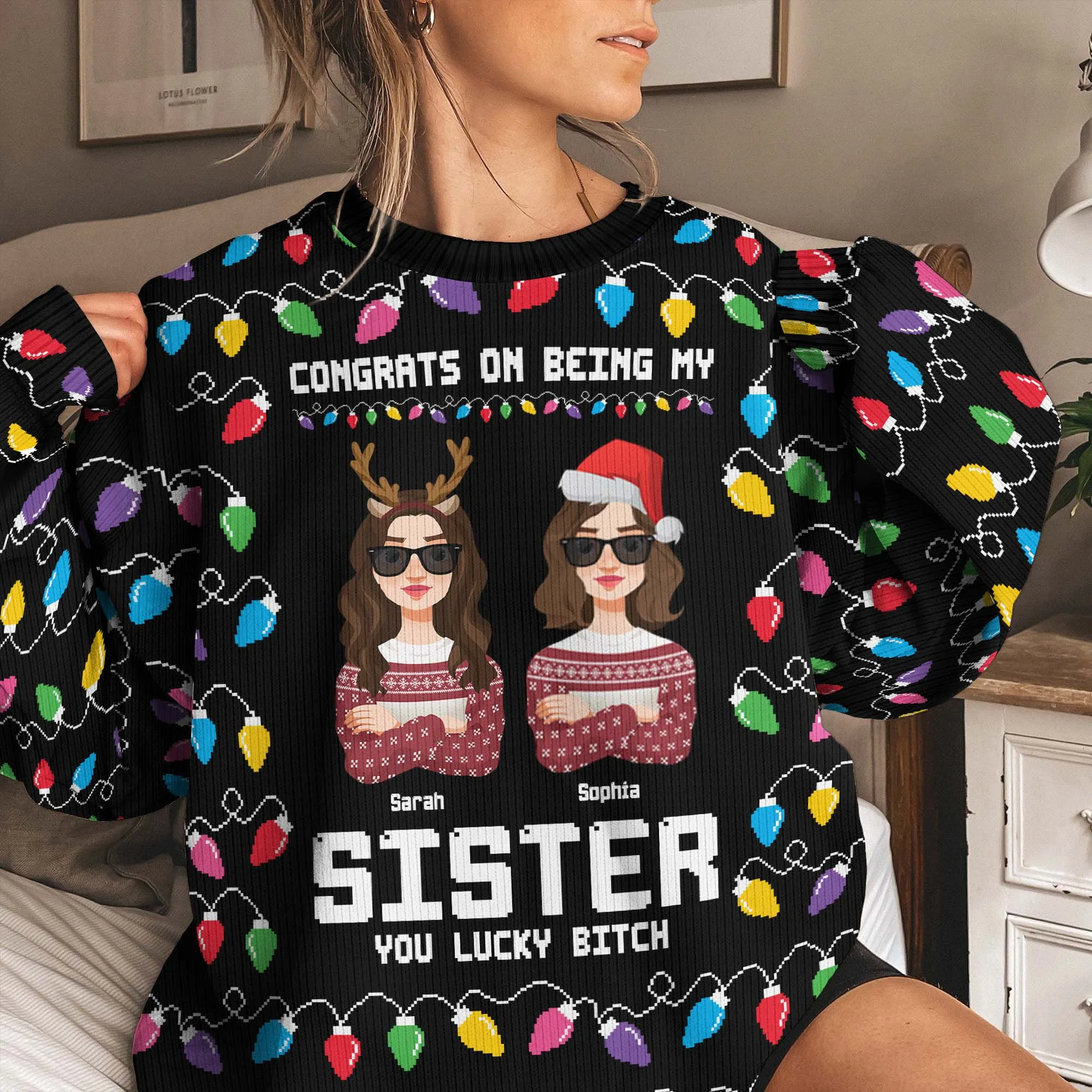 Congrats On Being My Sister, Brother, Siblings Christmas Led Light - Personalized Photo Ugly Sweater