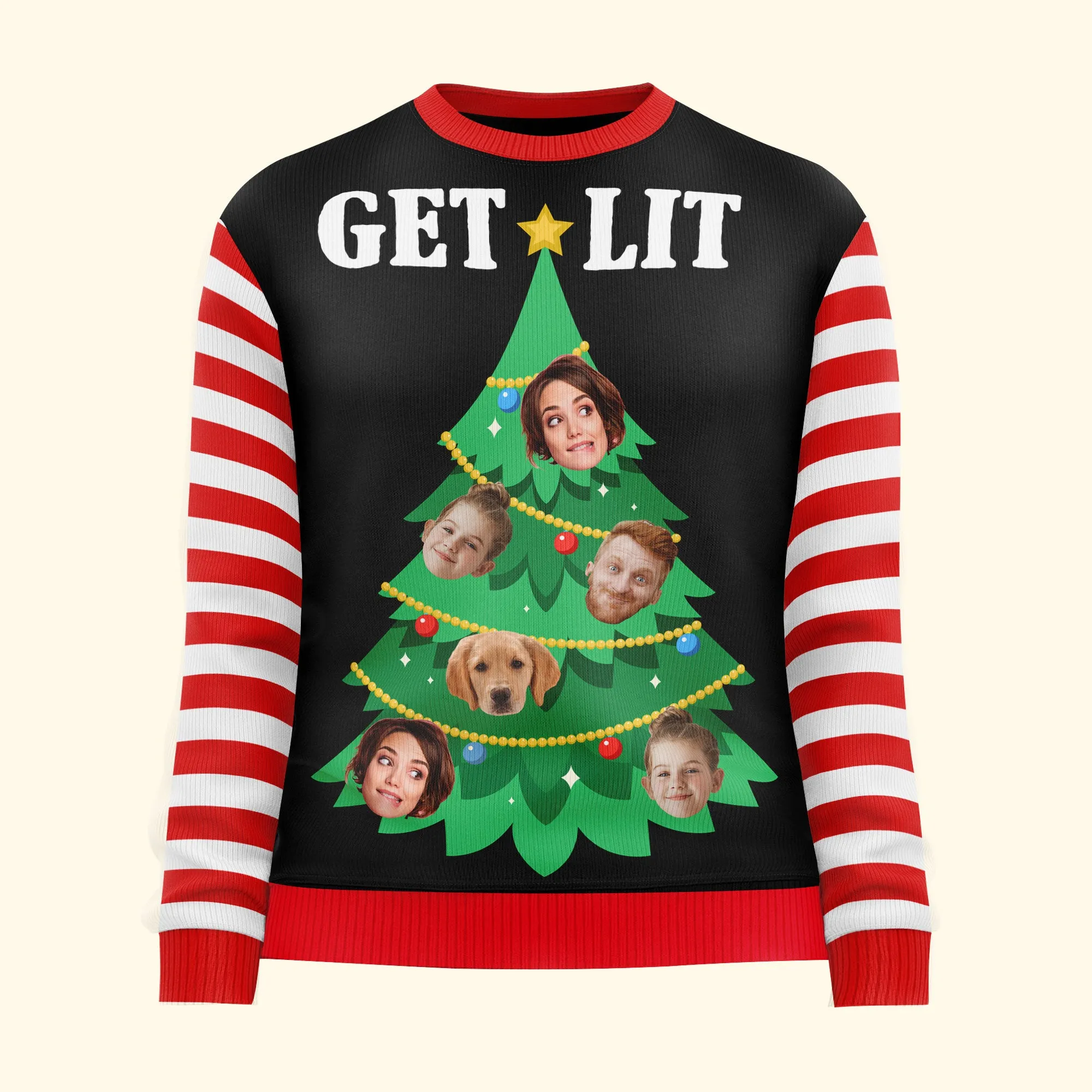 Custom Face Christmas Family Get Lit Xmas Tree - Personalized Photo Ugly Sweater