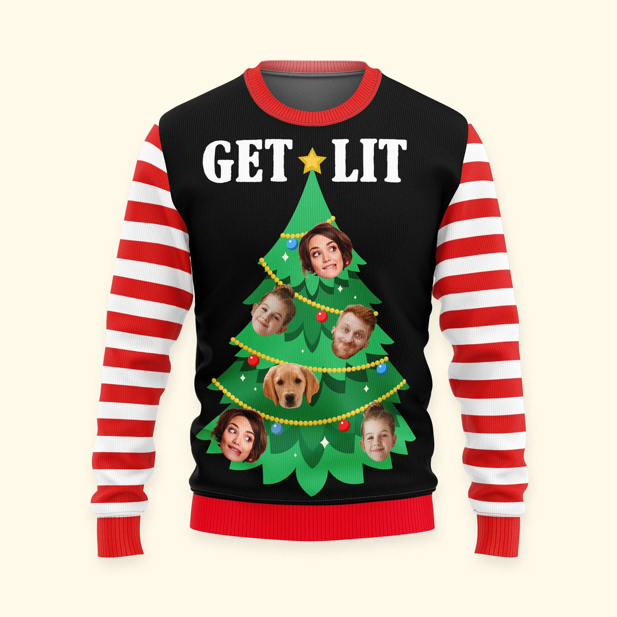 Custom Face Christmas Family Get Lit Xmas Tree - Personalized Photo Ugly Sweater