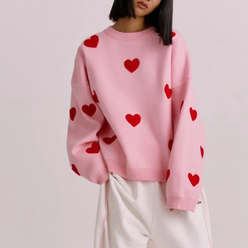 Cute Hearts Pullover Sweater Soft Cozy Loose Casual Warm Sweater