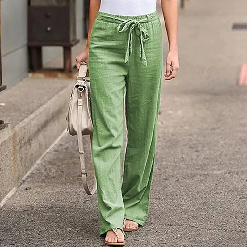 Elastic Waist Straight Linen Pants