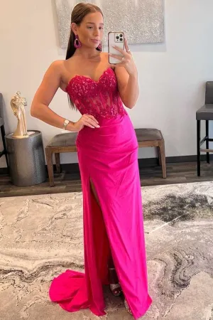 Ember | Sweetheart Corset Lace Hot Pink Long Prom Dress with Slit