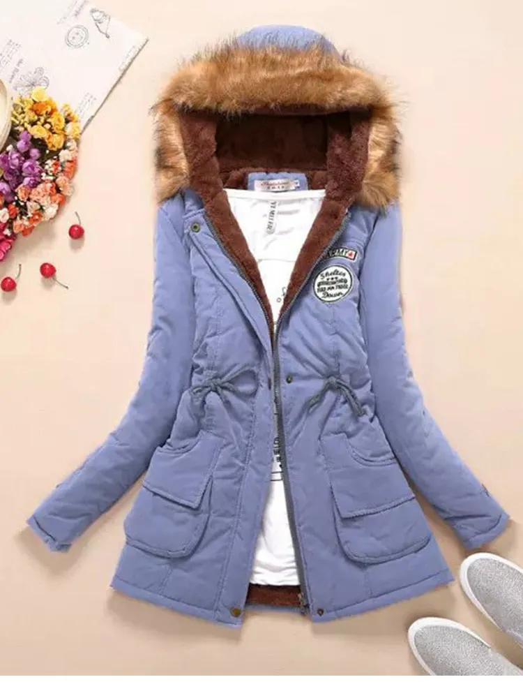 Faux Fur Hood Women's Wadded Cotton Padded Windbreaker Jacket