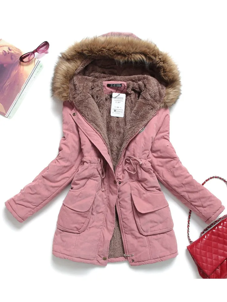 Faux Fur Hood Women's Wadded Cotton Padded Windbreaker Jacket