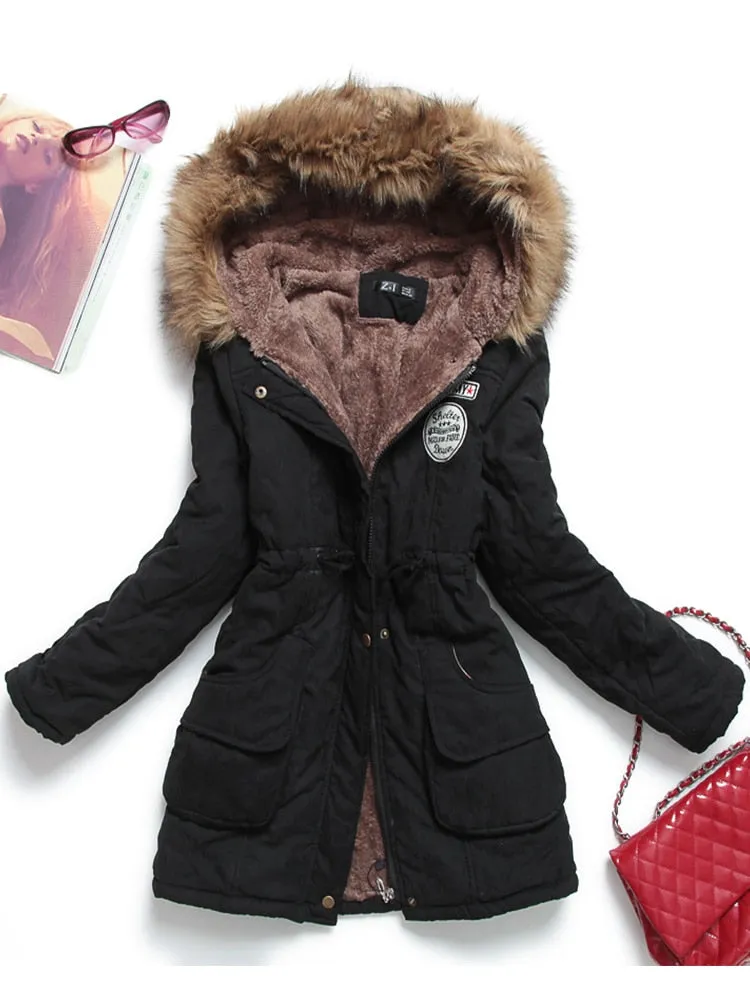 Faux Fur Hood Women's Wadded Cotton Padded Windbreaker Jacket