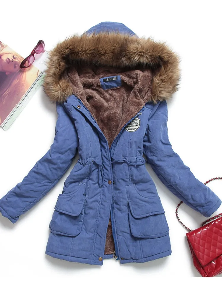 Faux Fur Hood Women's Wadded Cotton Padded Windbreaker Jacket