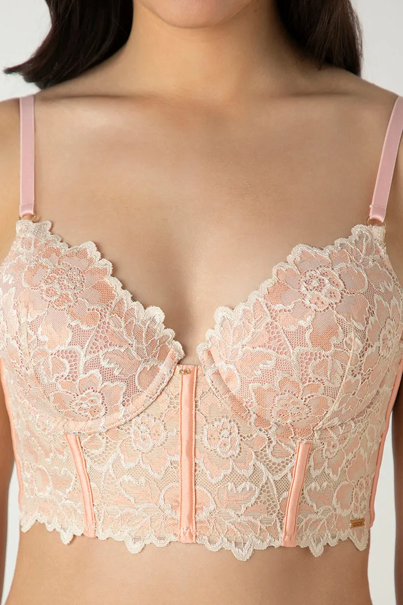 Femme Lace Padded Non-Wired Longline Bra - Dusty Pink