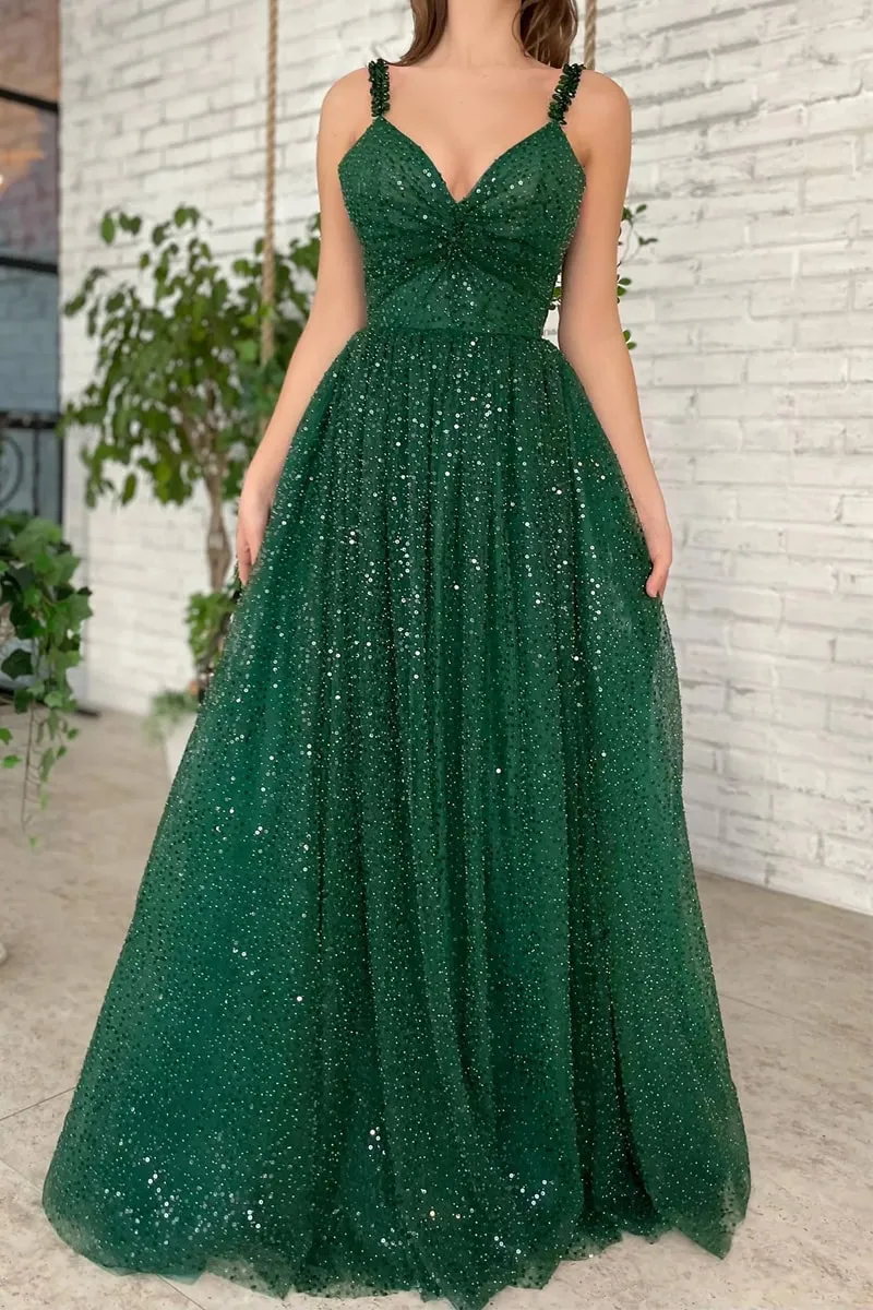 Freyja | A-line V Neck Long/Floor-Length Tulle Sparkling Prom Dress With Beading Sequins Glitter