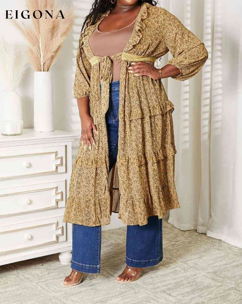 Full Size Tie Front Ruffled Duster Cardigan