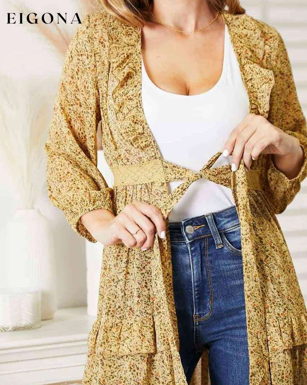 Full Size Tie Front Ruffled Duster Cardigan