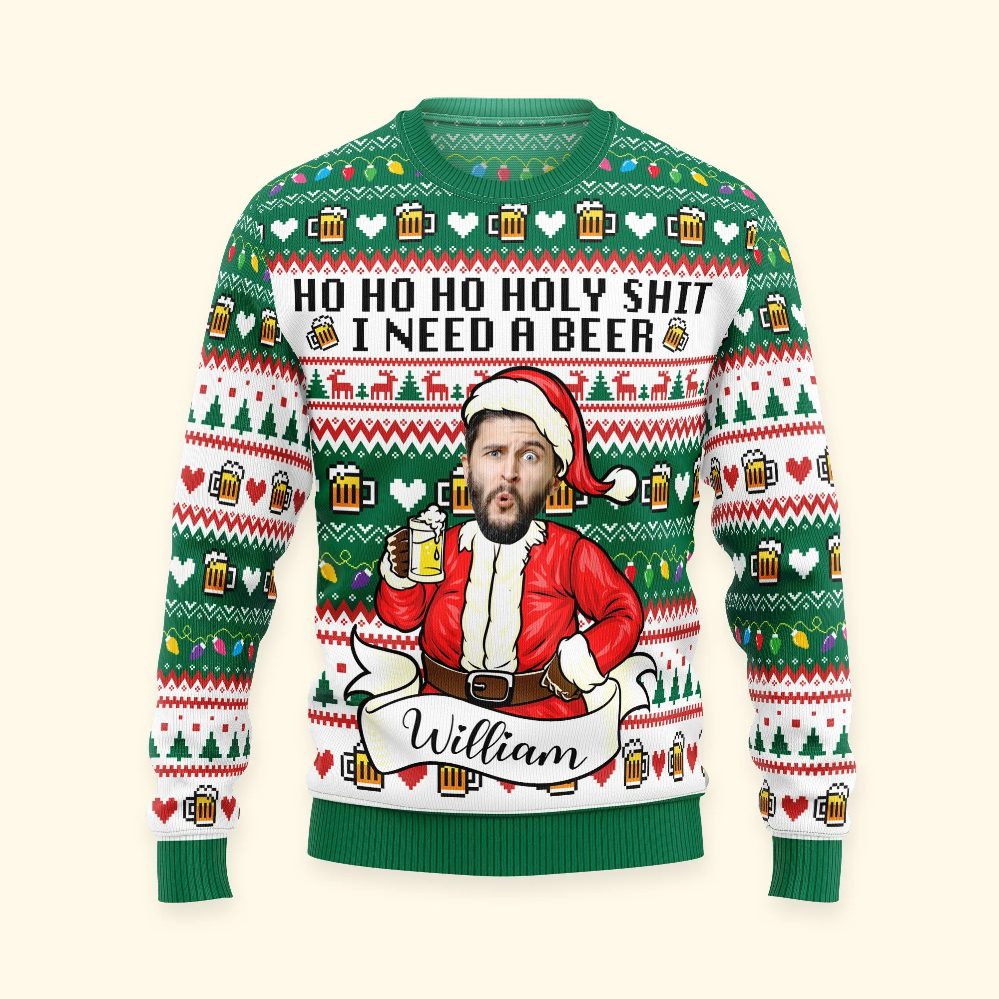 Funny Santa Ho Ho Ho Holy I Need A Beer - Personalized Photo Ugly Sweater