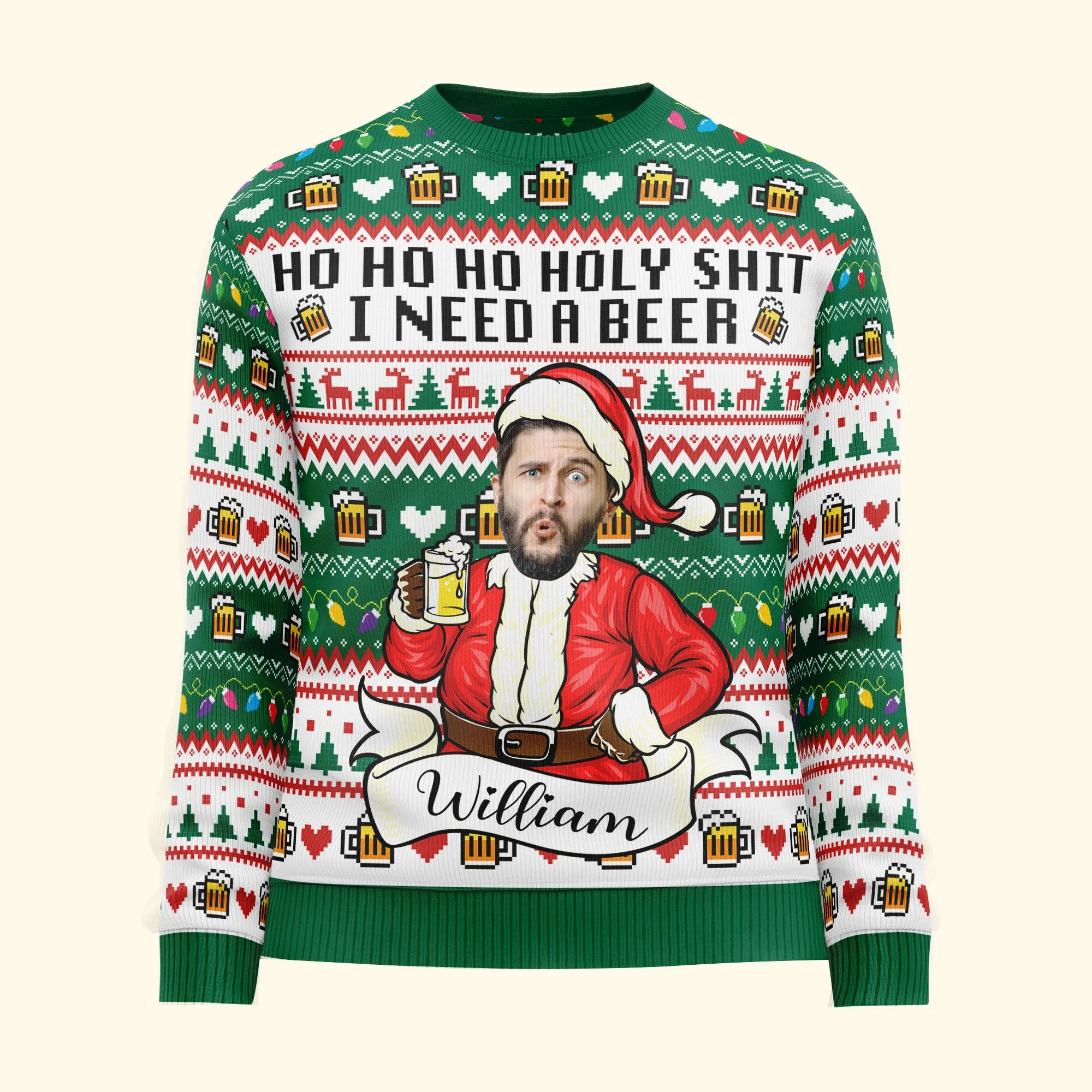 Funny Santa Ho Ho Ho Holy I Need A Beer - Personalized Photo Ugly Sweater