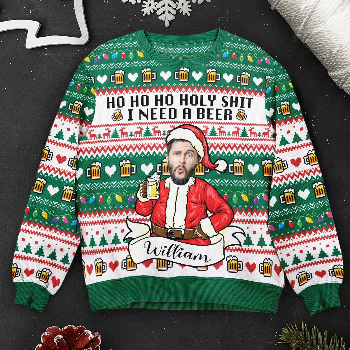 Funny Santa Ho Ho Ho Holy I Need A Beer - Personalized Photo Ugly Sweater