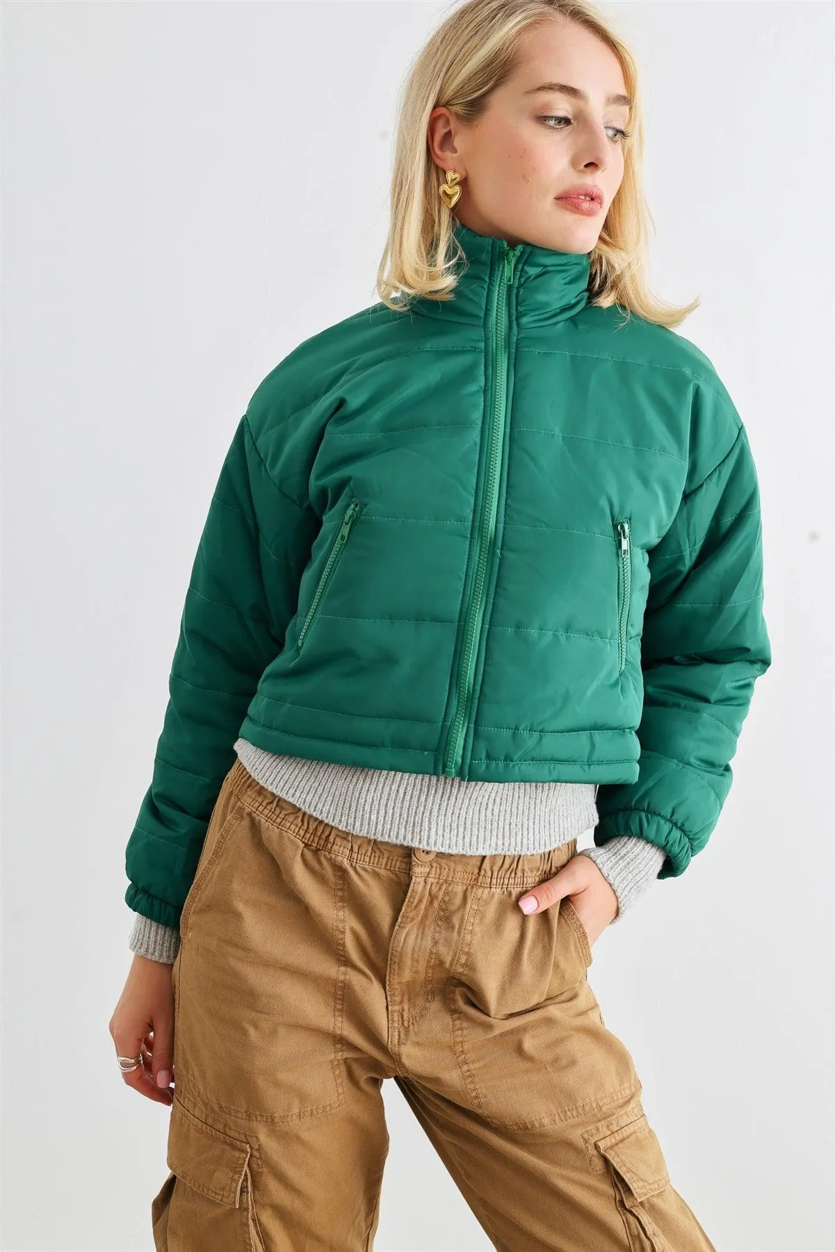 Green Puffer Zip-Up Two Pocket Cropped Jacket /1-2-2-1