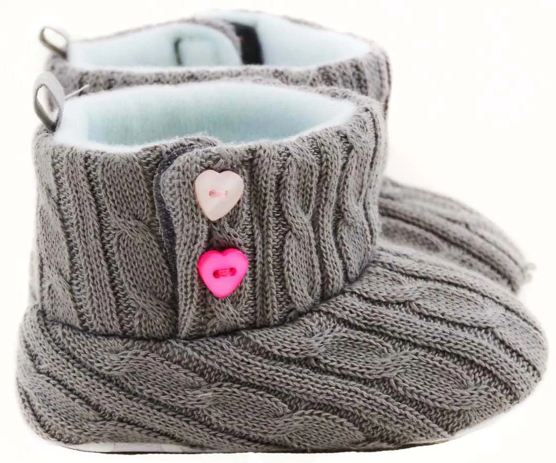 Grey Sweater Knit Heart Button Velcro Infant Baby Fashion Winter Boots