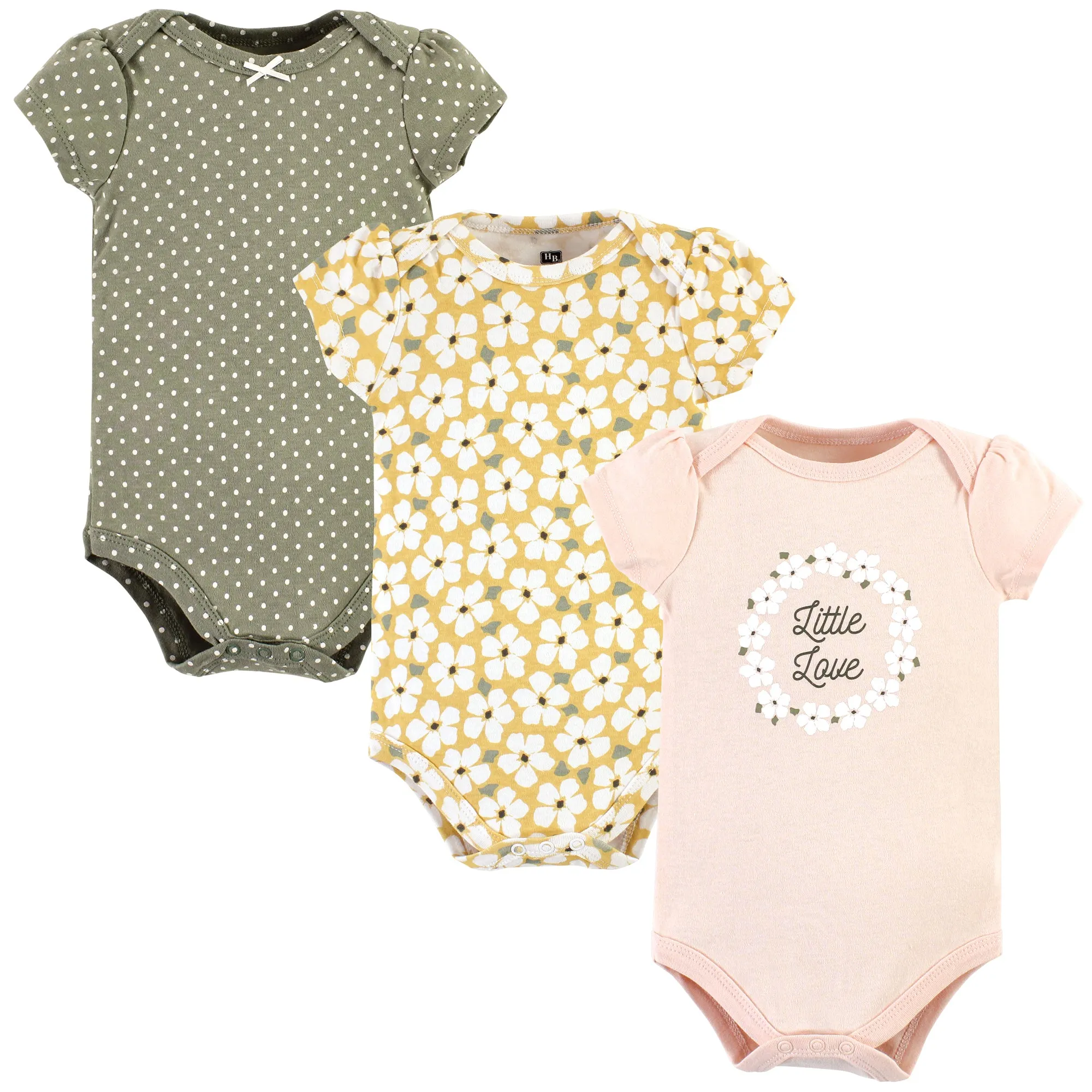 Hudson Baby Cotton Bodysuits, Sage Floral Wreath 3 Pack