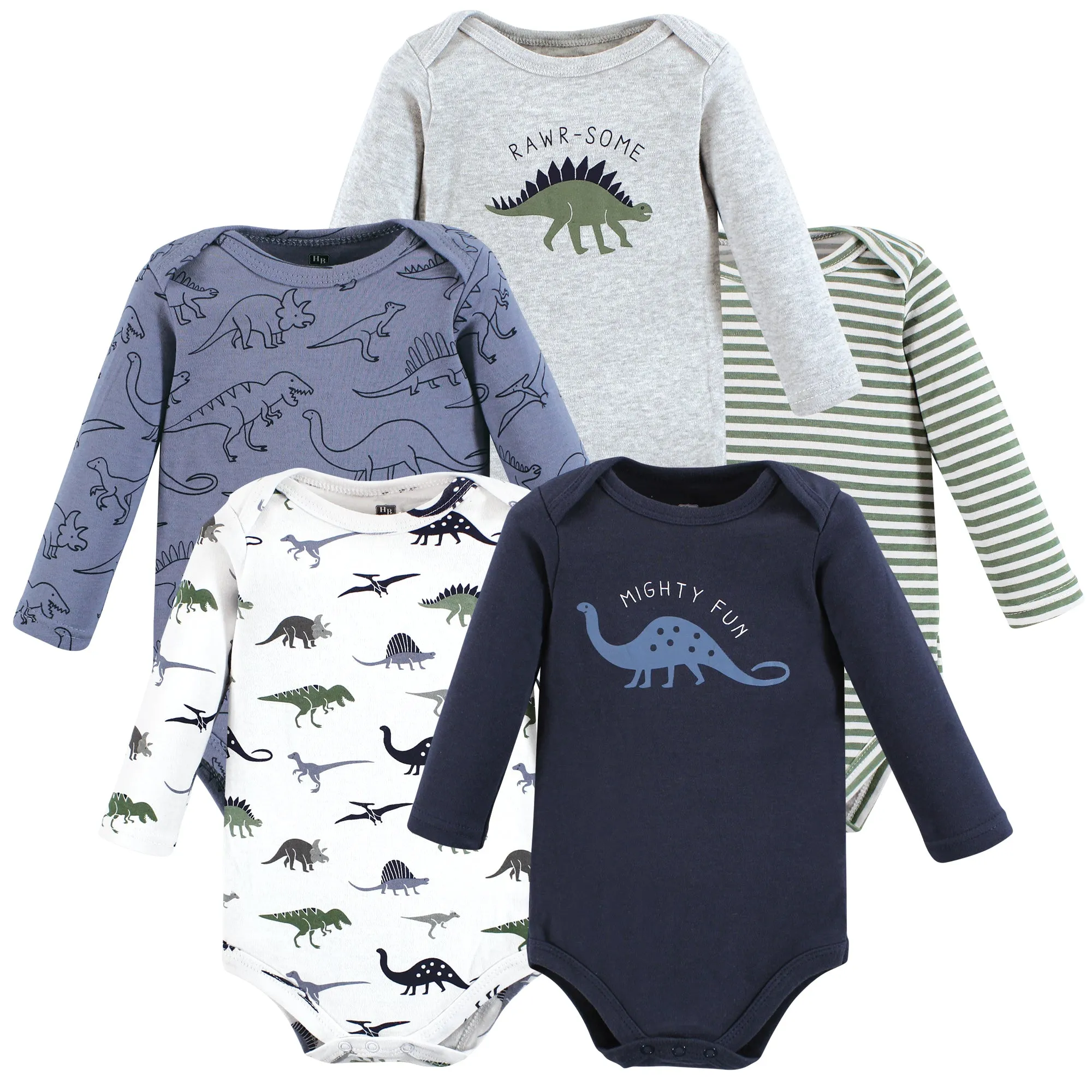 Hudson Baby Cotton Long-Sleeve Bodysuits, Blue Green Dino