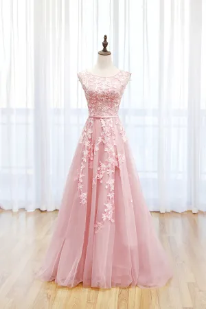 Irene | Pink Tulle Lace Long Prom Dress, Lovely A-Line Open Back Evening Dress