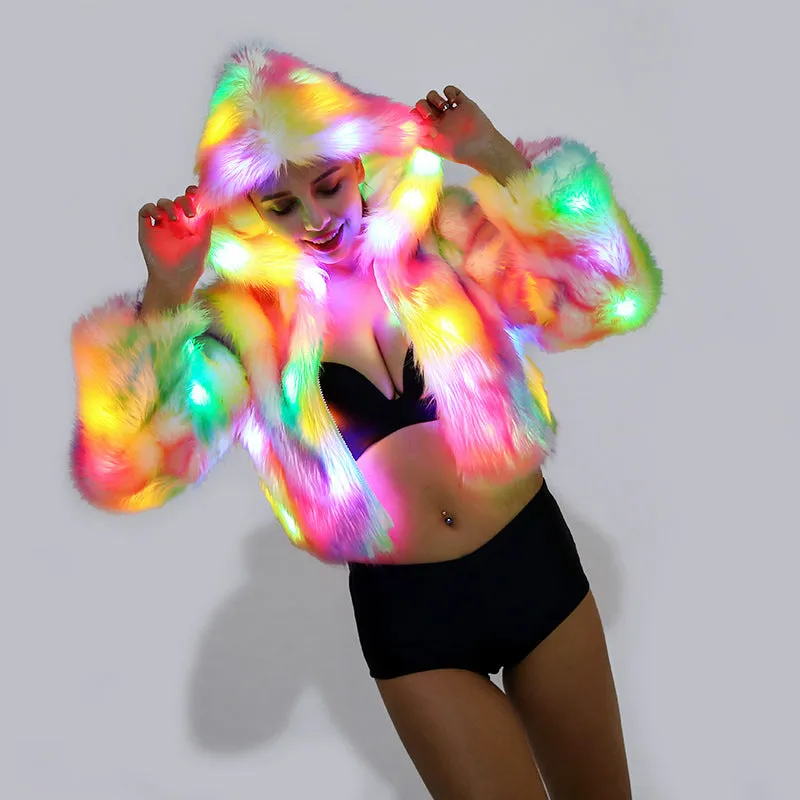 'Light-Up Techwear' Party-Festival-Performance Colour LED Faux Fur Jacket