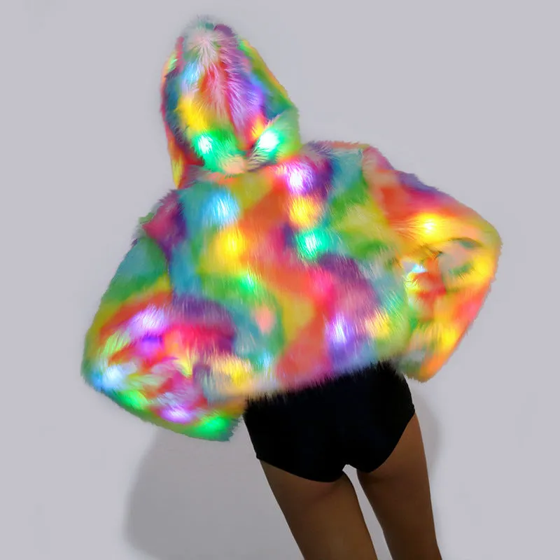 'Light-Up Techwear' Party-Festival-Performance Colour LED Faux Fur Jacket