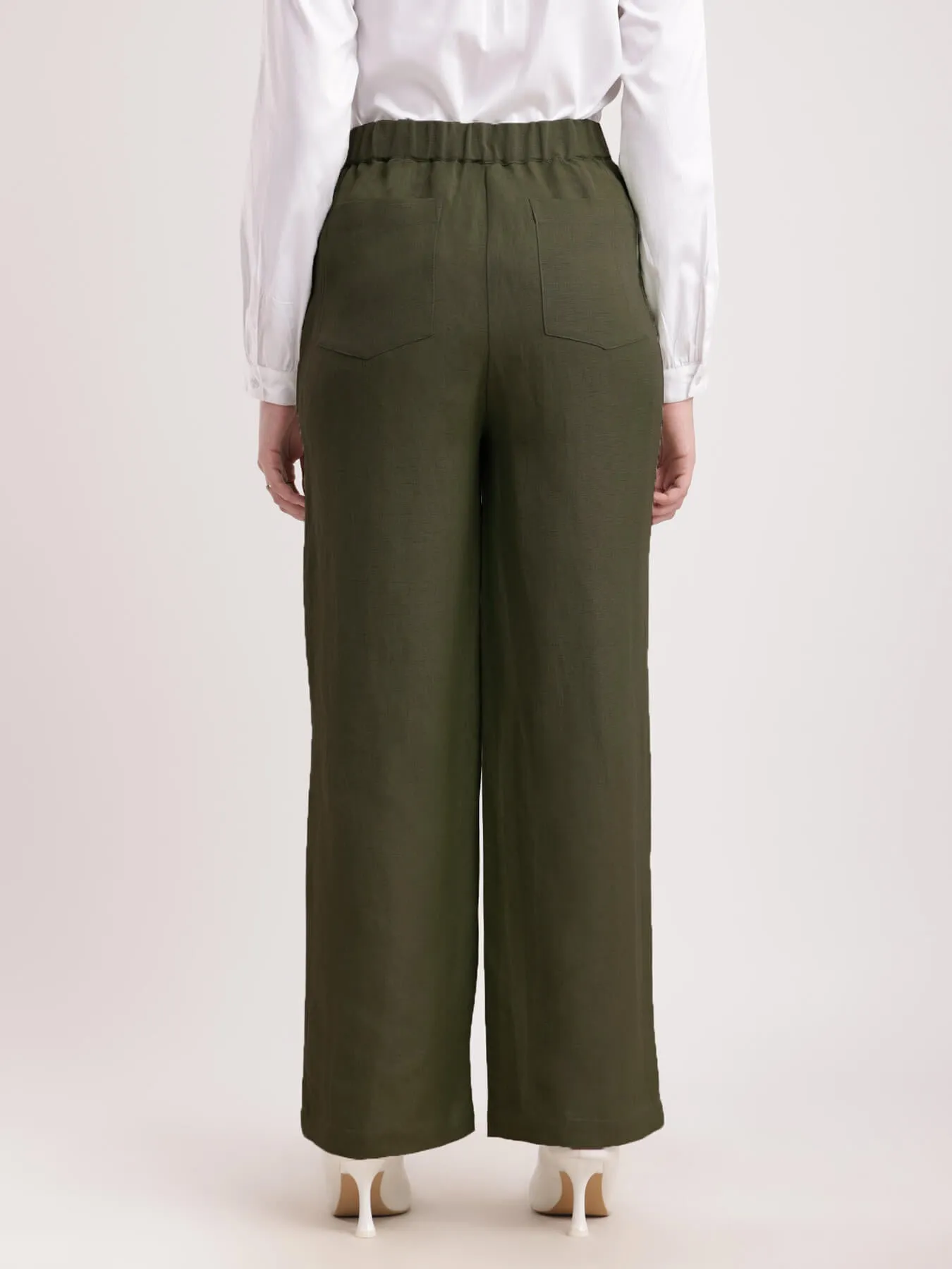 Linen Elasticated Wide Leg Trouser - Olive