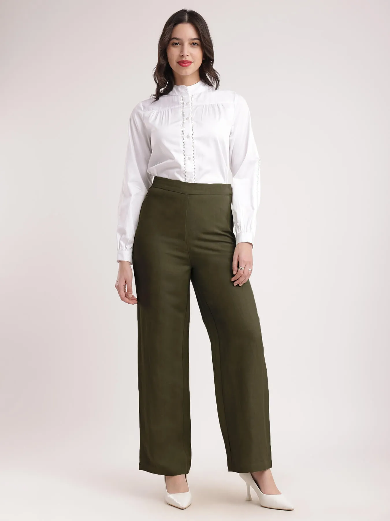 Linen Elasticated Wide Leg Trouser - Olive